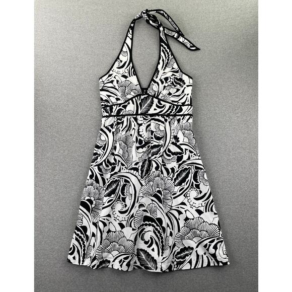 a.n.a Dress Womens 12 Black White Floral Print Halter Neck Fit & Flare Summer - Picture 1 of 15
